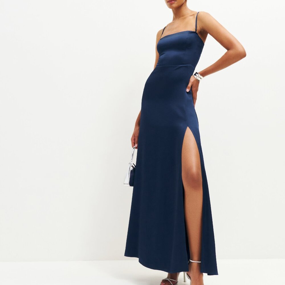 Reformation Ingrid Satin Dress in Danube